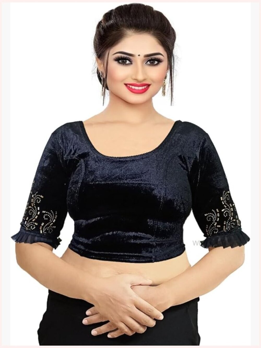Velvet Golden Stone Work Stretchable Sari Blouse Crop Top